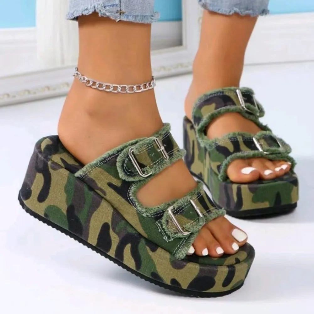 Summer Denim Belt Buckle Wedge Frayed Edge Heels Slippers
