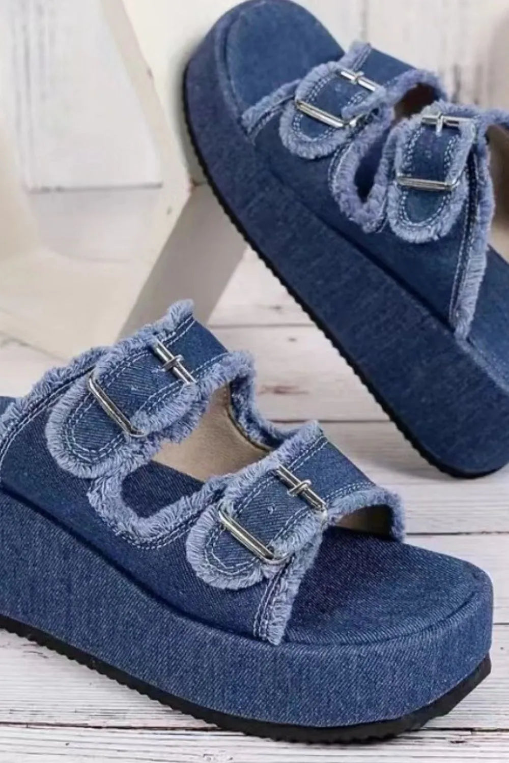 Summer Denim Belt Buckle Wedge Frayed Edge Heels Slippers