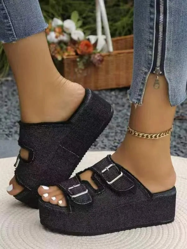 Summer Denim Belt Buckle Wedge Frayed Edge Heels Slippers