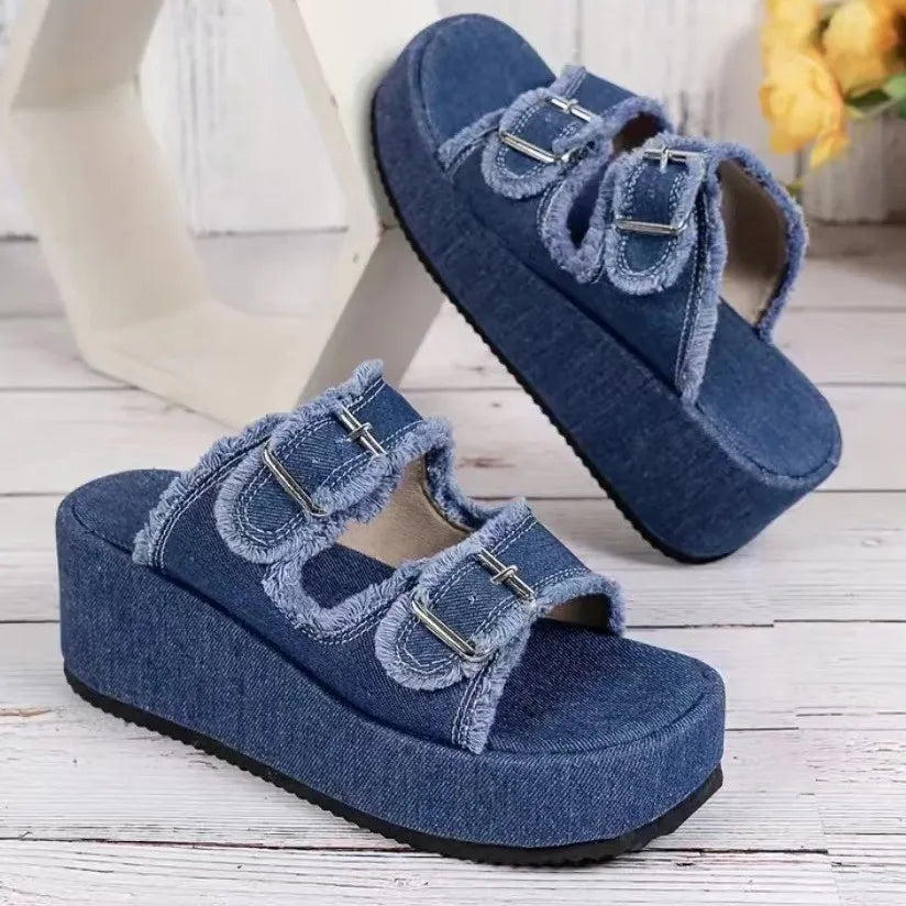 Summer Denim Belt Buckle Wedge Frayed Edge Heels Slippers